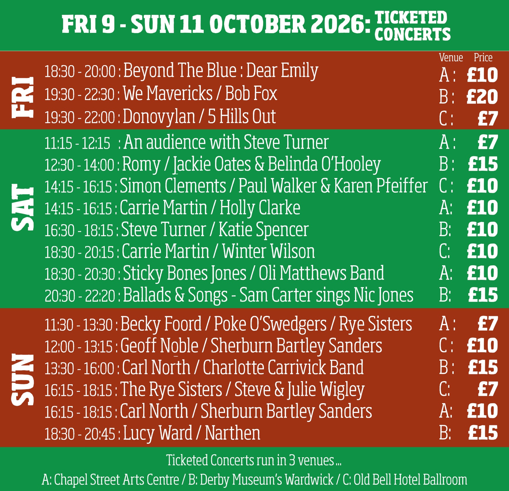graphical representation of individual concert tickets for Derby Folk Festival 2026